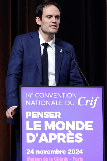 President of the Representative Council of French Jewish Institutions (CRIF) Yonathan Arfi addresses a speech as he attends the 14th Crif (Representative Council of French Jewish Institutions) national convention in Paris, on November 24, 2024. (Photo by STEPHANE DE SAKUTIN / AFP)