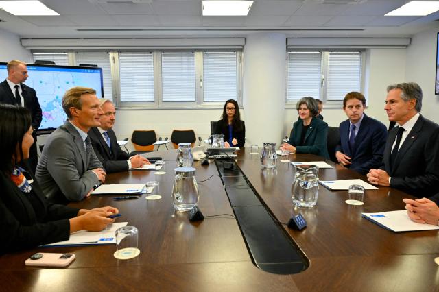 US Secretary of State Antony Blinken (R) attends a meeting with deputy Executive director of the World Food Programme (WFP) Carl Skau (L) during a visit at the World Food Program on the sidelines of the G7 foreign ministers, in Rome on November 25, 2024. G7 foreign ministers meet today near Rome for two days of talks, gathering regional counterparts for talks on the Middle East before turning to Russia and the war in Ukraine. (Photo by Andreas SOLARO / POOL / AFP)