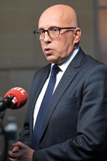 French President of the right-wing "Union des Droites" (UDR) parliamentary group Eric Ciotti speaks to the media after a meeting with French Prime Minister at the Hotel Matignon in Paris on November 25, 2024. (Photo by Bertrand GUAY / AFP)