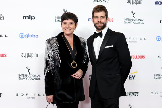 "Transo" Executive producer Deca Farroco and director Lucca Messer (R) arrive for the 52nd International Emmy Awards at the New York Hilton on November 25, 2024, in New York City. (Photo by CHARLY TRIBALLEAU / AFP)