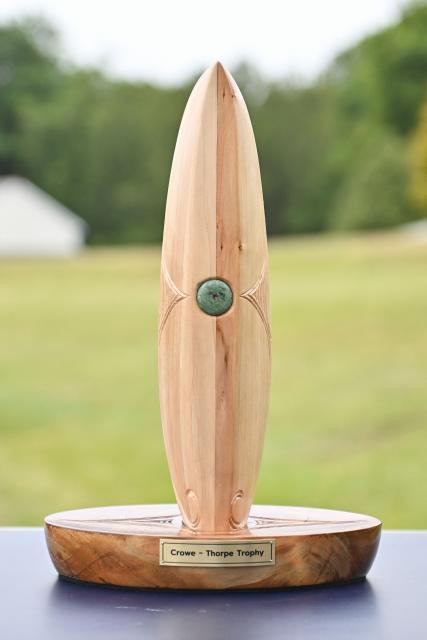 The Crowe-Thorpe trophy, honoring late New Zealand's Martin Crowe and England's Graham Thorpe, is seen two days before the first Test cricket match between England and New Zealand at Hagley Oval in Christchurch on November 26, 2024. (Photo by Sanka Vidanagama / AFP)