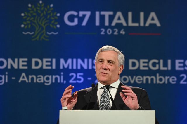 Italy's Foreign Minister Antonio Tajani gives a press conference at the end of the G7 Foreign Ministers meeting in Fiuggi, central Italy, on November 26, 2024. (Photo by Tiziana FABI / AFP)