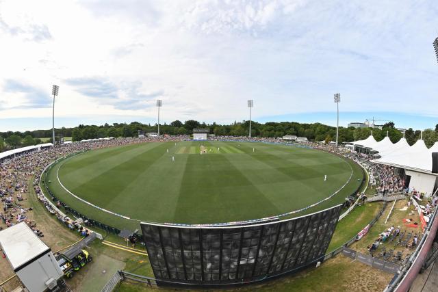 A general view of the ground is seen during the first day of the first Test cricket match between New Zealand and England at Hagley Oval in Christchurch on November 28, 2024. (Photo by Sanka Vidanagama / AFP)