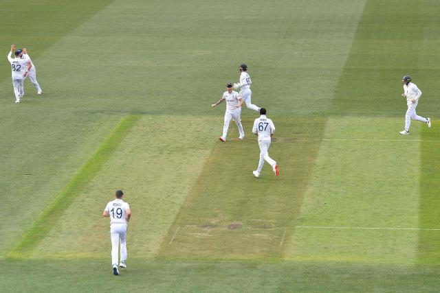 England players celebrate the wicket of New Zealand's Tom Blundell during the first day of the first Test cricket match between New Zealand and England at Hagley Oval in Christchurch on November 28, 2024. (Photo by Sanka Vidanagama / AFP)