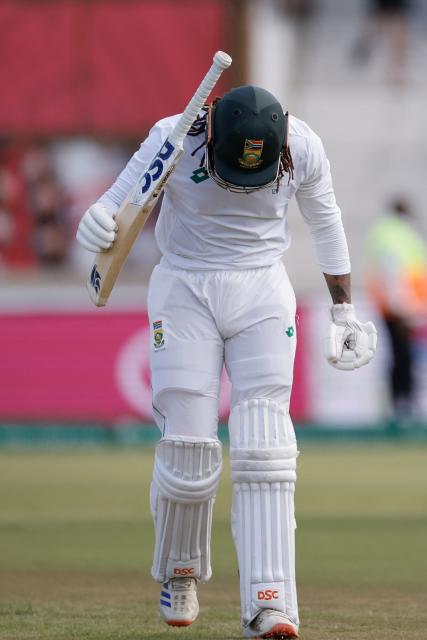 South Africa's Tony de Zorzi reacts after his dismissal during the second day of the first Test cricket match between South Africa and Sri Lanka at the Kingsmead stadium in Durban on November 28, 2024. (Photo by Phill Magakoe / AFP)