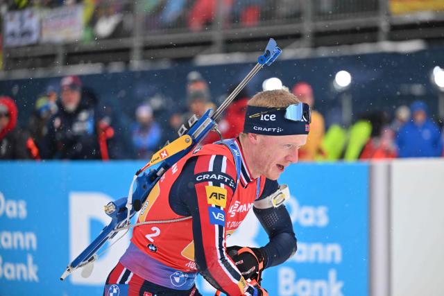 Norway's Tarjei Boe competes during the men's 4x7,5km relay event of the IBU Biathlon World Cup in Hochfilzen, Austria, on December 15, 2024. (Photo by KERSTIN JOENSSON / AFP)