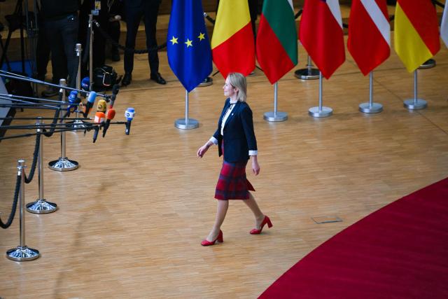 EU's High Representative for Foreign Affairs and Security Policy Kaja Kallas arrives to speak to the press prior to the European Council meeting at the EU headquarters in Brussels on December 19, 2024. (Photo by NICOLAS TUCAT / AFP)