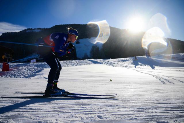 A woman trains ahead of the women's 10km pursuit event of the IBU Biathlon World Cup in Le Grand Bornand near Annecy, southeastern France, on December 21, 2024. (Photo by Olivier CHASSIGNOLE / AFP)