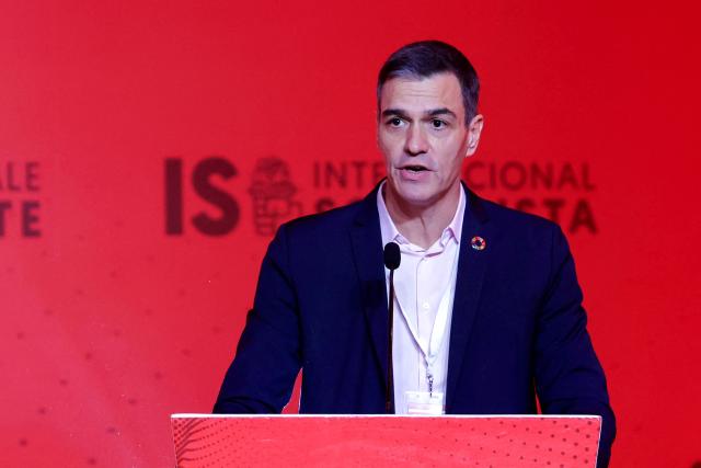 Spain's Prime Minister and Secretary General of the Spanish Socialist Workers' Party (PSOE) Pedro Sanchez speaks during a meeting of the Socialist International council meeting in the Moroccan capital Rabat on December 21, 2024. (Photo by AFP)