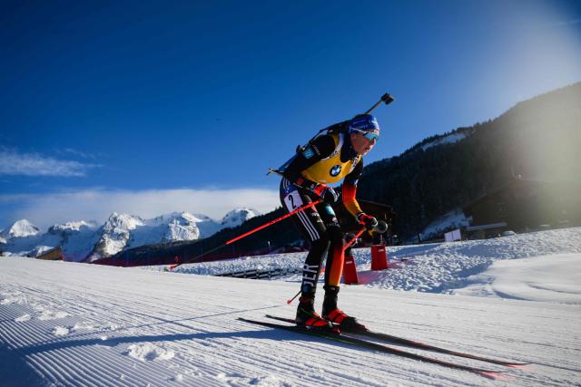 Germany's Franziska Preuss competes in the women's 10km pursuit event of the IBU Biathlon World Cup in Le Grand Bornand near Annecy, southeastern France, on December 21, 2024. (Photo by Olivier CHASSIGNOLE / AFP)