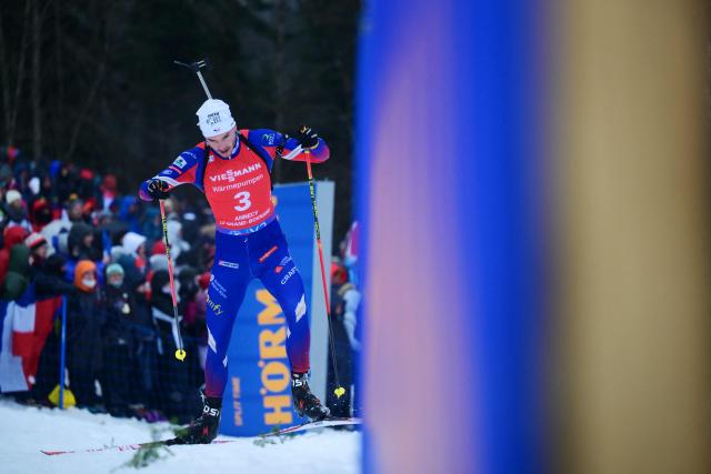 France's Emilien Jacquelin competes during the men's 15 km mass start event of the IBU Biathlon World Cup in Le Grand Bornand near Annecy, southeastern France, on December 22, 2024. (Photo by Olivier CHASSIGNOLE / AFP)