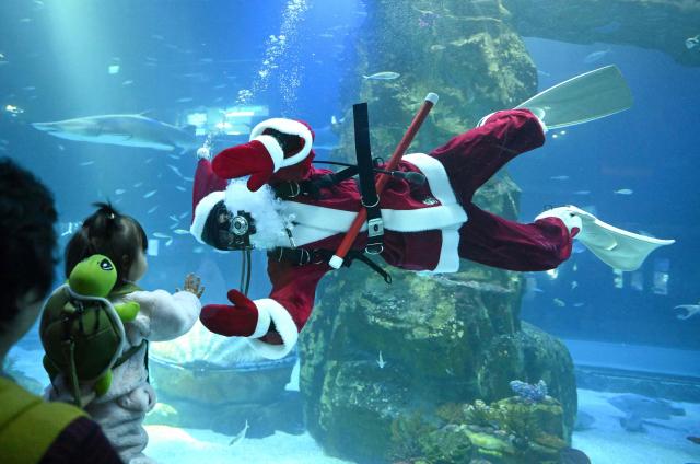 A diver dressed as Santa Claus waves to visitors during a Christmas-themed underwater show at Lotte World Aquarium in Seoul on December 23, 2024. (Photo by Jung Yeon-je / AFP)