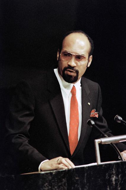 (FILES) Commander Desi Bouterse, head of Suriname's Government, adresses the United Nations on October 3, 1986 in New York City. Bouterse, the former dictator of Suriname who was a fugitive from justice for the murder of political opponents four decades ago, has died at age 79, the government said on December 25, 2024. (Photo by George BECKER / AFP)