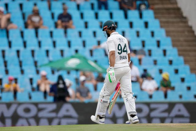 Pakistan's Shan Masood walks back to the pavilion after his dismissal during the first day of the first cricket Test match between South Africa and Pakistan at SuperSport Park in Centurion on December 26, 2024. (Photo by PHILL MAGAKOE / AFP)