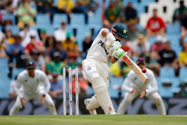 Pakistan's Saud Shakeel plays a shot during the first day of the first cricket Test match between South Africa and Pakistan at SuperSport Park in Centurion on December 26, 2024. (Photo by PHILL MAGAKOE / AFP)