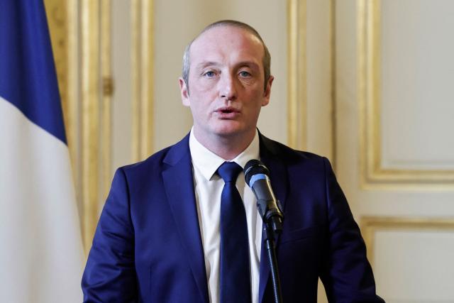 Newly-appointed French Minister of Public Action, Civil Service and Simplification Laurent Marcangeli (L) delivers a speech during a handover ceremony, in Paris, on December 26, 2024. (Photo by STEPHANE DE SAKUTIN / AFP)