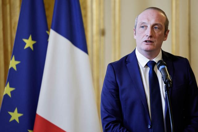 Newly-appointed French Minister of Public Action, Civil Service and Simplification Laurent Marcangeli delivers a speech during a handover ceremony, in Paris, on December 26, 2024. (Photo by STEPHANE DE SAKUTIN / AFP)