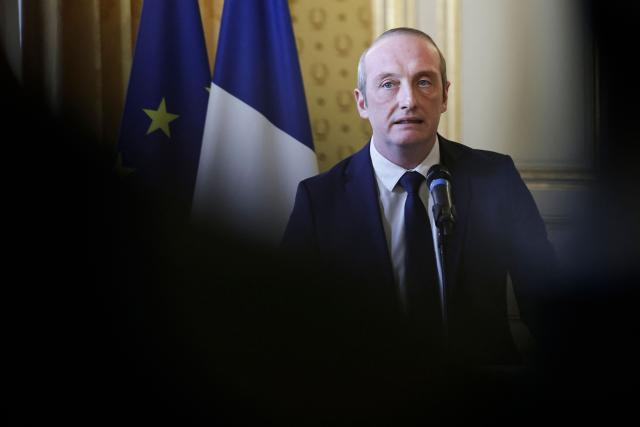 Newly-appointed French Minister of Public Action, Civil Service and Simplification Laurent Marcangeli delivers a speech during a handover ceremony, in Paris, on December 26, 2024. (Photo by STEPHANE DE SAKUTIN / AFP)