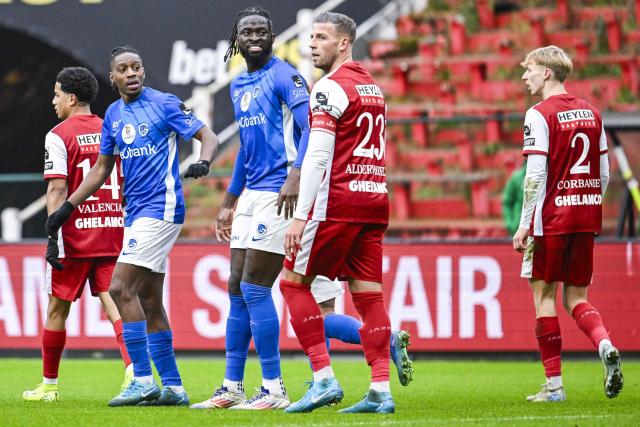 Genk's Nigerian forward #99 Tolu Arokodare (3rd L) celebrates after scoring his team's first goal during the Belgian "Pro League" First Division football match between Royal Antwerp FC and KRC Genk at the Bosuilstadion, in Antwerp on December 26, 2024. (Photo by Tom Goyvaerts / BELGA / AFP) / Belgium OUT