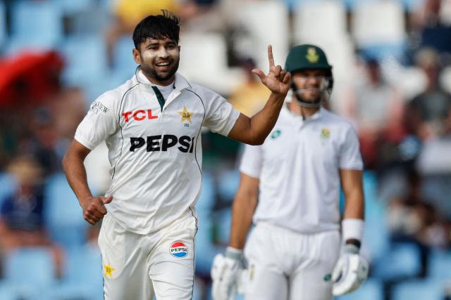 Pakistan's Khurram Shahzad celebrates after the dismissal of South Africa's Ryan Rickelton (unseen) during the first day of the first cricket Test match between South Africa and Pakistan at SuperSport Park in Centurion on December 26, 2024. (Photo by PHILL MAGAKOE / AFP)