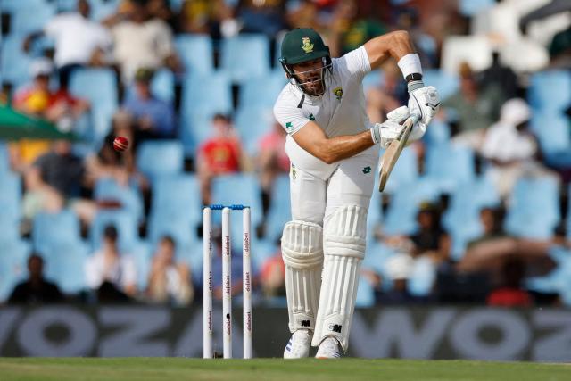 South Africa's Aiden Markram reacts after being hit by a ball from the delivery of Pakistan's Mohammad Abbas (unseen) during the first day of the first cricket Test match between South Africa and Pakistan at SuperSport Park in Centurion on December 26, 2024. (Photo by PHILL MAGAKOE / AFP)