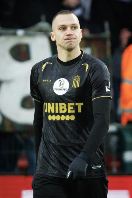 Charleroi's Serbian forward Nikola Stulic looks on wearing a team jersey with the "Younited logo" attached on it during the Belgian "Pro League" First Division football match between KV Kortrijk and Sporting Charleroi at the Golden Spurs Stadium in Kortrijk on December 26, 2024. The competition was re-baptised "Younited Pro League" for the games of matchweek 20, to shine a light on the Younited Belgium charity. (Photo by KURT DESPLENTER / BELGA / AFP) / Belgium OUT