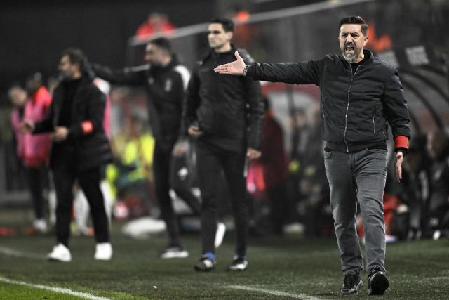 Mechelen's Kosovan-Albanian head coach Besnik Hasi shouts instructions to his players from the touchline during a Belgian Pro League football match between KV Mechelen and Standard de Liege, at the AFAS stadium in Mechelen on December 26, 2024. (Photo by Johan Eyckens / Belga / AFP) / Belgium OUT