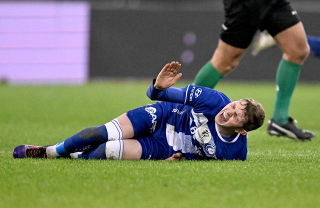 Gent's British forward Max Dean reacts on the field during the Belgian "Pro League" First Division football match between KAA Gent and Royale Union SG at the Artevelde Stadium in Gent on December 26, 2024. (Photo by JOHN THYS / BELGA / AFP) / Belgium OUT