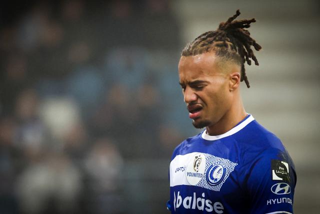 Gent's British defender #03 Archie Brown reacts during the Belgian "Pro League" First Division football match between KAA Gent and Royale Union SG at the Artevelde Stadium in Gent on December 26, 2024. (Photo by VIRGINIE LEFOUR / BELGA / AFP) / Belgium OUT