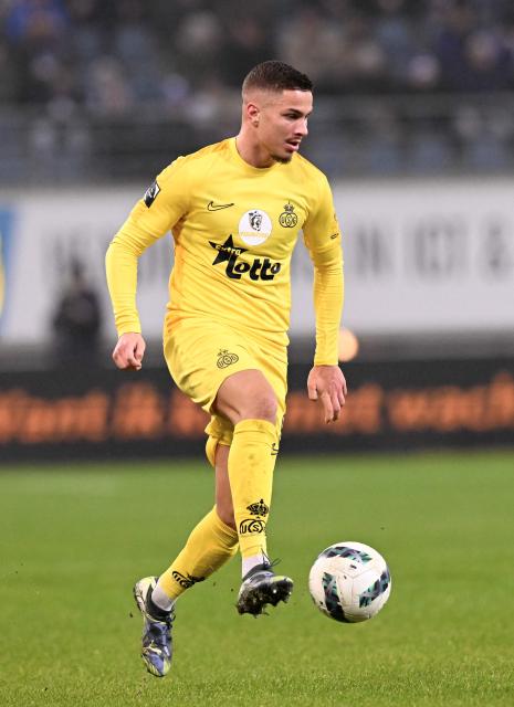 Union's Austrian forward #09 Franjo Ivanovic controls the ball during a Belgian Pro League football match between KAA Gent and Royale Union SG at the Planet Group Arena in Ghent on December 26, 2024. (Photo by JOHN THYS / Belga / AFP) / Belgium OUT