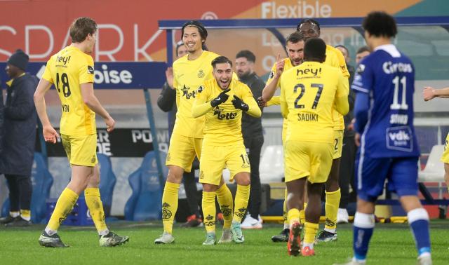 Union's players celebrate their team's second goal during a Belgian Pro League football match between KAA Gent and Royale Union SG at the Planet Group Arena in Ghent on December 26, 2024. (Photo by VIRGINIE LEFOUR / Belga / AFP) / Belgium OUT