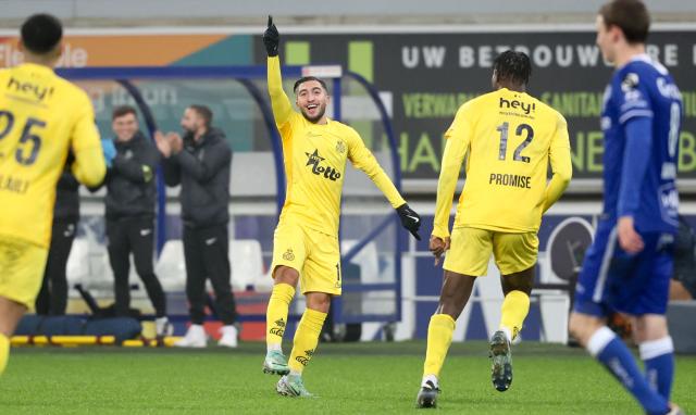 Union's players celebrate their team's second goal during a Belgian Pro League football match between KAA Gent and Royale Union SG at the Planet Group Arena in Ghent on December 26, 2024. (Photo by VIRGINIE LEFOUR / Belga / AFP) / Belgium OUT