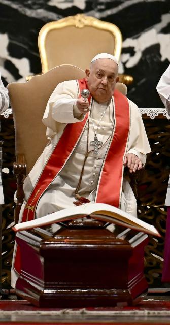 Pope Francis attends the funeral of Cardinal Angelo Amato in St. Peter's Basilica at the Vatican on January 2, 2025. (Photo by Filippo MONTEFORTE / AFP)