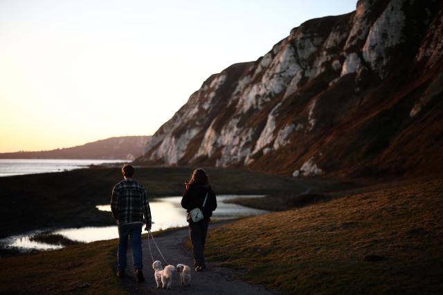 People walk with dogs in the late winter's sun on Samphire Hoe, west of Dover, on the south coast of England on January 2, 2025. (Photo by HENRY NICHOLLS / AFP)