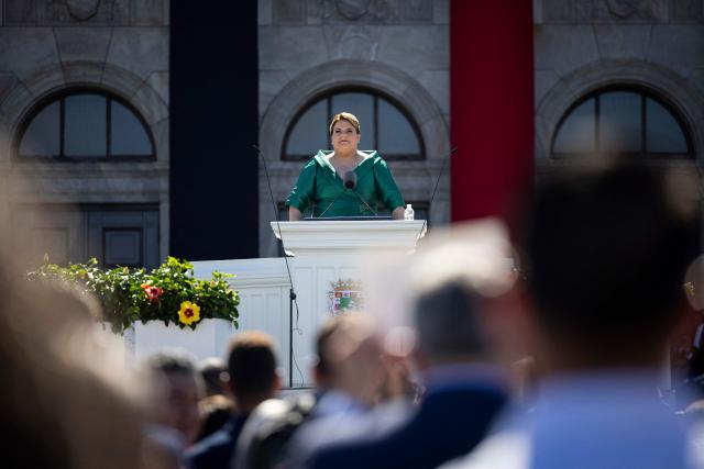 Puerto Rico's newly sworn-in Governor Jennifer Gonzalez delivers her inaugural speech during an outdoor ceremony at the Capitol building in San Juan, Puerto Rico, on January 2, 2025. (Photo by Ricardo ARDUENGO / AFP)