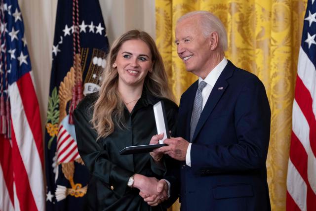 Grace McCarthy receives the Presidential Citizens Medal on behalf of Carolyn McCarthy during a Presidential Citizens Medal ceremony at the White House in Washington, DC, on January 2, 2025. (Photo by Chris Kleponis / AFP)