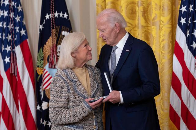 Cynthia Baker receives the Presidential Citizens Medal on behalf of Nancy Kassebaum during a Presidential Citizens Medal ceremony at the White House in Washington, DC, on January 2, 2025. (Photo by Chris Kleponis / AFP)