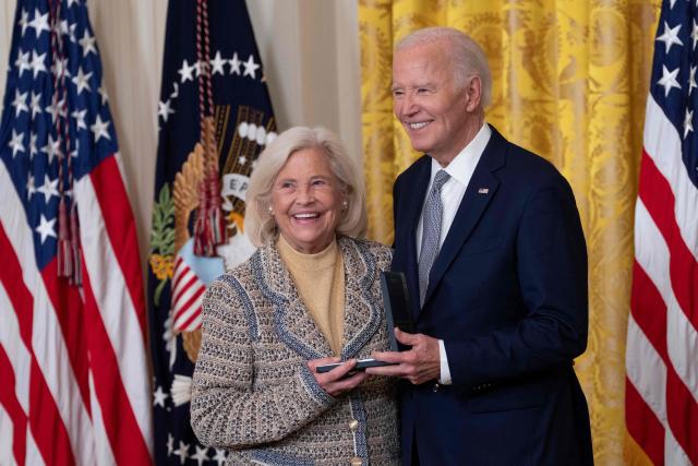 Cynthia Baker receives the Presidential Citizens Medal on behalf of Nancy Kassebaum during a Presidential Citizens Medal ceremony at the White House in Washington, DC, on January 2, 2025. (Photo by Chris Kleponis / AFP)