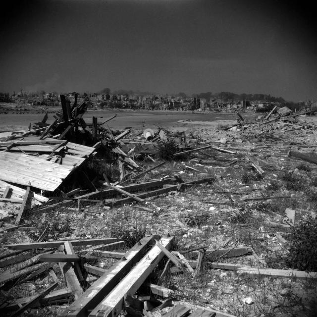 (FILES) Picture of the destroyed beach and city of Royan, on the French southwestern coast, in April 1945, after the Liberation of the city, during the Second World War. On January 5, 1945, Royan lay in ruins, the victim of a night-time deluge of Allied bombs that had killed 442 civilians: a series of misunderstandings and misfires had led to the destruction of the Charente coastal town, still held by the Germans. (Photo by AFP)