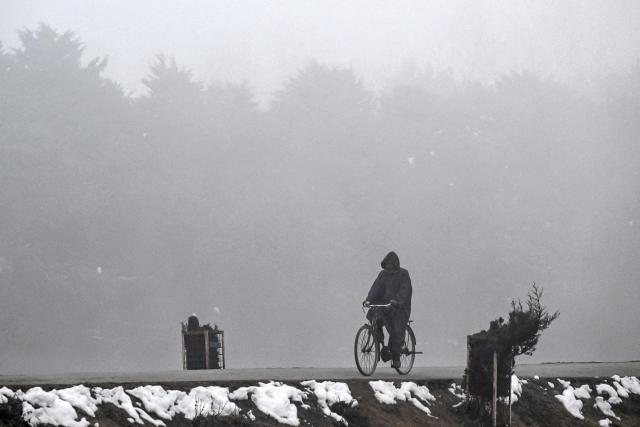 A man rides a bicycle amid dense fog on a cold winter morning in Srinagar on January 3, 2025. (Photo by Tauseef MUSTAFA / AFP)