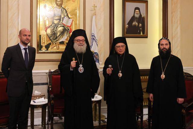 France's Foreign Minister Jean-Noel Barrot (L) poses for a picture with Greek Orthodox Patriarch of Antioch and All The East John X (2-L and Patriarch of the Melkite Greek Catholic Church Youssef Absi (2-R) in Damascus on January 3, 2025. (Photo by ANWAR AMRO / AFP)