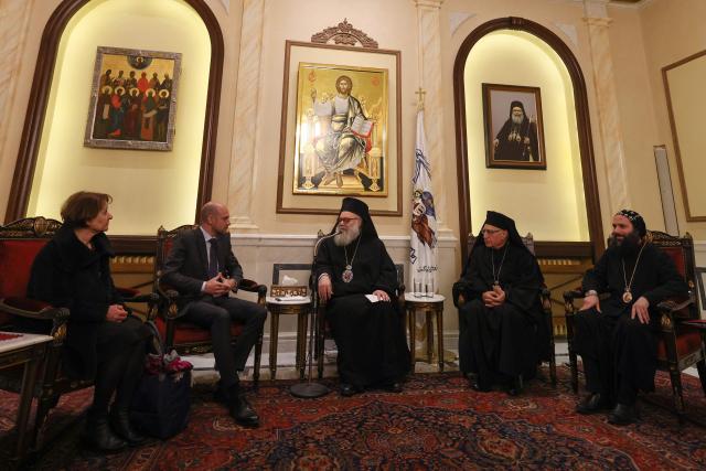 France's Foreign Minister Jean-Noel Barrot (2-L) meets with Greek Orthodox Patriarch of Antioch and All The East John X (C) and Patriarch of the Melkite Greek Catholic Church Youssef Absi (2-R) in Damascus on January 3, 2025. (Photo by ANWAR AMRO / AFP)