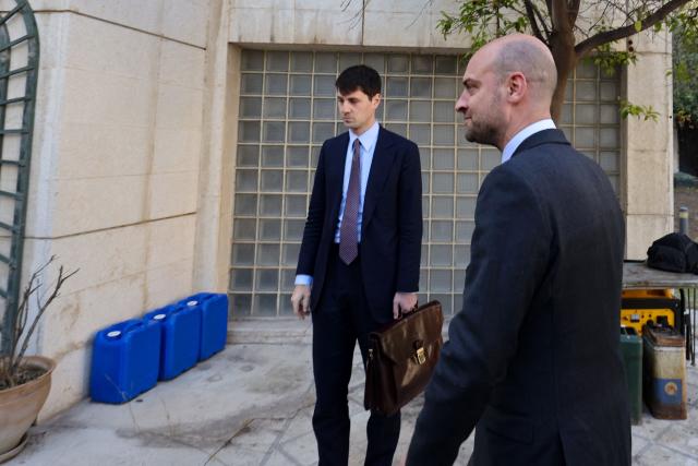 France's Foreign Minister Jean-Noel Barrot (R) arrives at the French embassy complex in Damascus on January 3, 2025. (Photo by ANWAR AMRO / AFP)