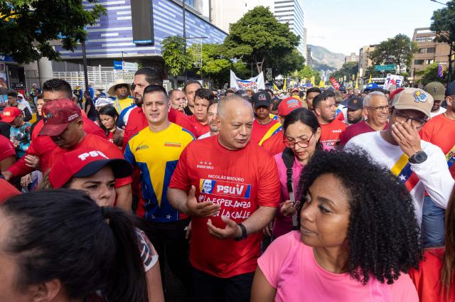 Venezuela's Interior Minister Diosdado Cabello attends a rally in support of President Nicolas Maduro on the eve of the presidential inauguration in Caracas on January 9, 2025. Venezuela is on tenterhooks facing demonstrations called by both the opposition and government supporters a day before President Nicolas Maduro is due to be sworn in for a third consecutive term and despite multiple countries recognizing opposition rival Edmundo Gonzalez Urrutia as the legitimate president-elect following elections past July. (Photo by Betty Laura Zapata / AFP)