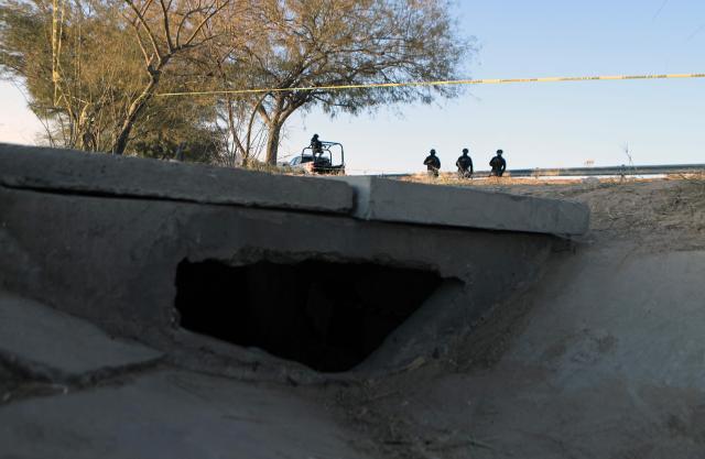 Mexico's National Guard agents stand guard in the area where a tunnel was found leading to El Paso, Texas, United States, from Ciudad Juarez, Chihuahua State, Mexico, on January 13, 2025. (Photo by Herika Martinez / AFP)