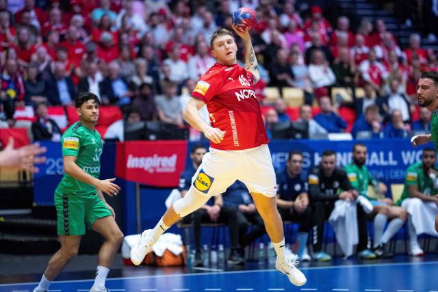 Denmark's Emil Wernsdorf Madsen attempts to score during the Preliminary Round Group B match between Denmark and Algeria of the IHF Men's Handball World Championship in Herning, Denmark on January 14, 2025. (Photo by Bo Amstrup / Ritzau Scanpix / AFP) / Denmark OUT