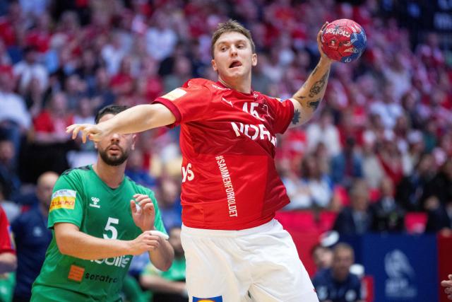 Denmark's Emil Wernsdorf Madsen attempts to score during the Preliminary Round Group B match between Denmark and Algeria of the IHF Men's Handball World Championship in Herning, Denmark on January 14, 2025. (Photo by Bo Amstrup / Ritzau Scanpix / AFP) / Denmark OUT