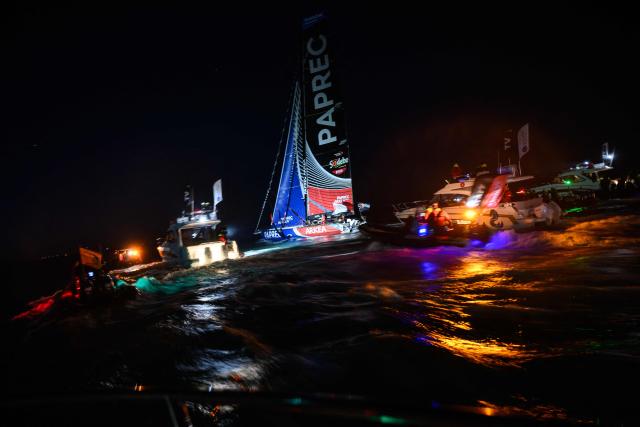 French skipper Yoann Richomme sails his Imoca 60 monohull Paprec Arkea, prior to cross the line to finish in second place in the 10th edition of the Vendee Globe around the world monohull solo sailing race in Les Sables-d'Olonne, western France, on January 15, 2025. (Photo by Loic VENANCE / AFP)