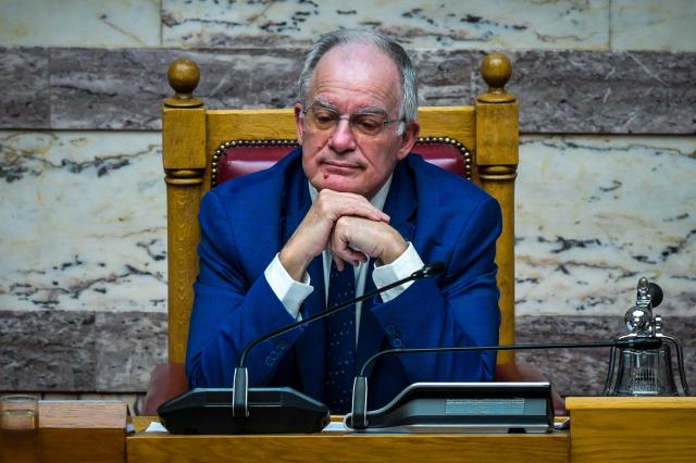 Greek Parliament president Konstantinos Tasoulas chairs a session in Athens on December 15, 2024. Greek Prime Minister on January 15, 2025 nominated a long-term conservative ally, parliament chief Konstantinos Tasoulas, for the post of president. In Greece, the post of the head of state is a largely ceremonial one, with candidates nominated by the premier and voted on by lawmakers for a five-year term. Tasoulas, 65, has been head of parliament since 2019 and is considered close to the conservative New Democracy party's nationalist wing. (Photo by Eurokinissi / AFP) / Greece OUT