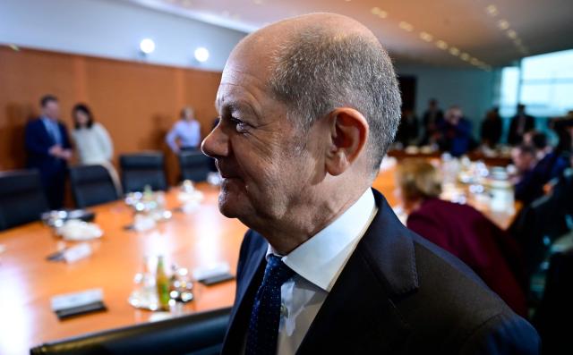 German Chancellor Olaf Scholz arrives for the weekly cabinet meeting at the Chancellery in Berlin on January 15, 2025. (Photo by John MACDOUGALL / AFP)